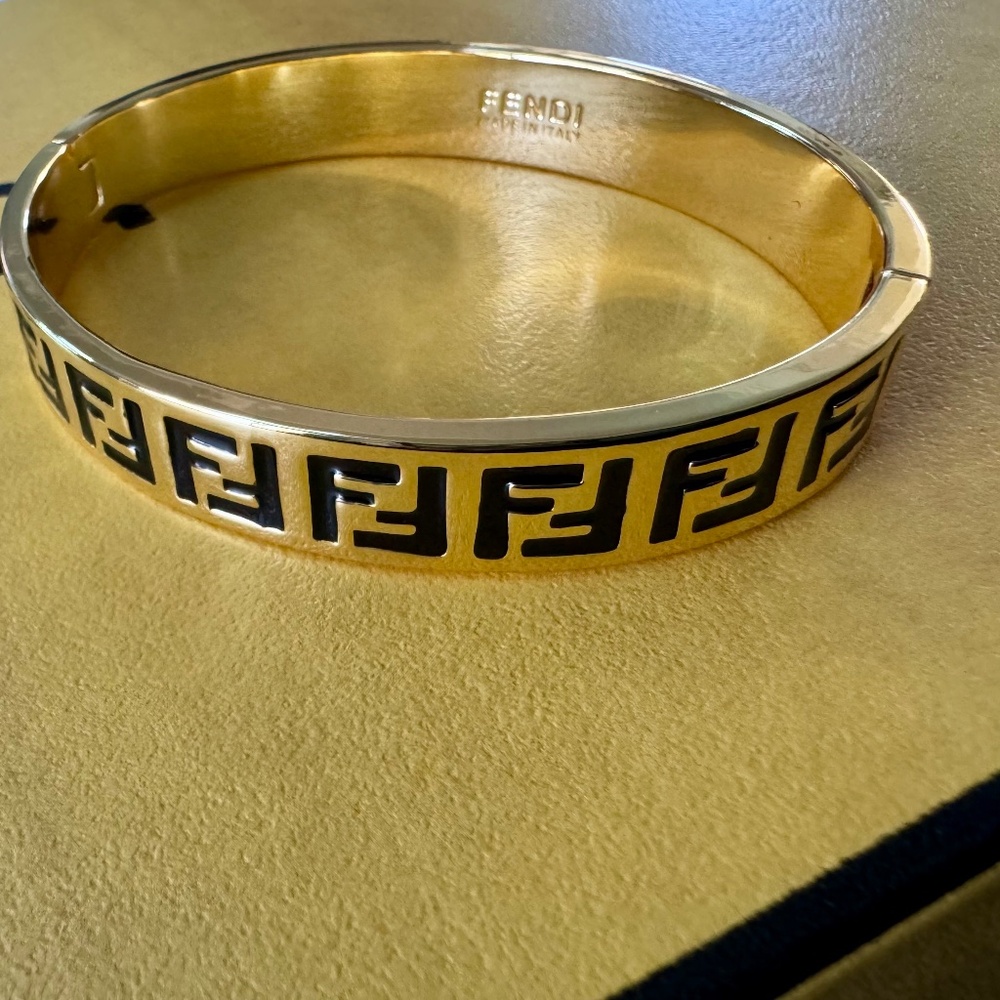 Fendi FF Forever Gold-Tone Black Enamel M Bangle
